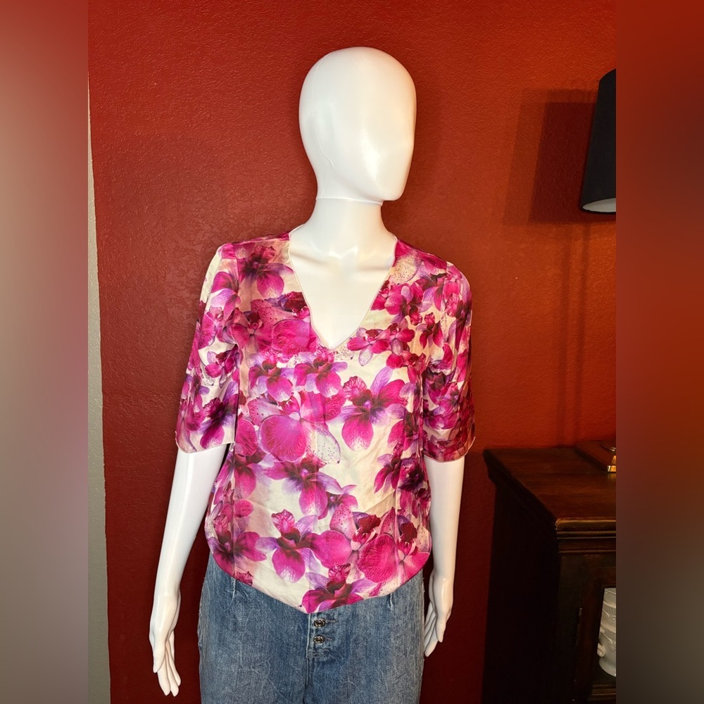 Longchamp- Floral Pink Silk Top. Size S